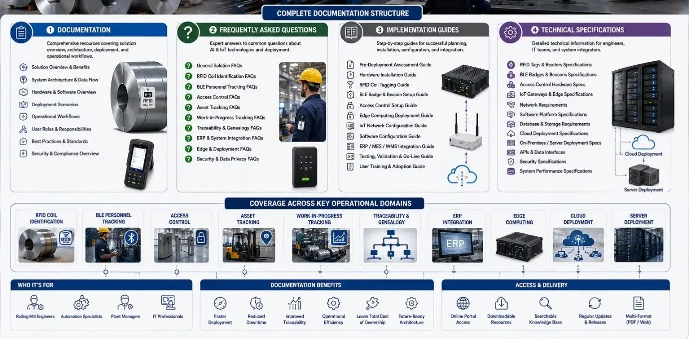 Enterprise infographic showing AI and IoT documentation, FAQs, guides, and technical resources for rolling mills.